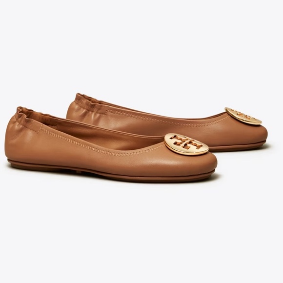 NIB Tory Burch MINNIE TRAVEL LEATHER BALLET Flat Shoe Royal Tan Gold 8 - Picture 2 of 10
